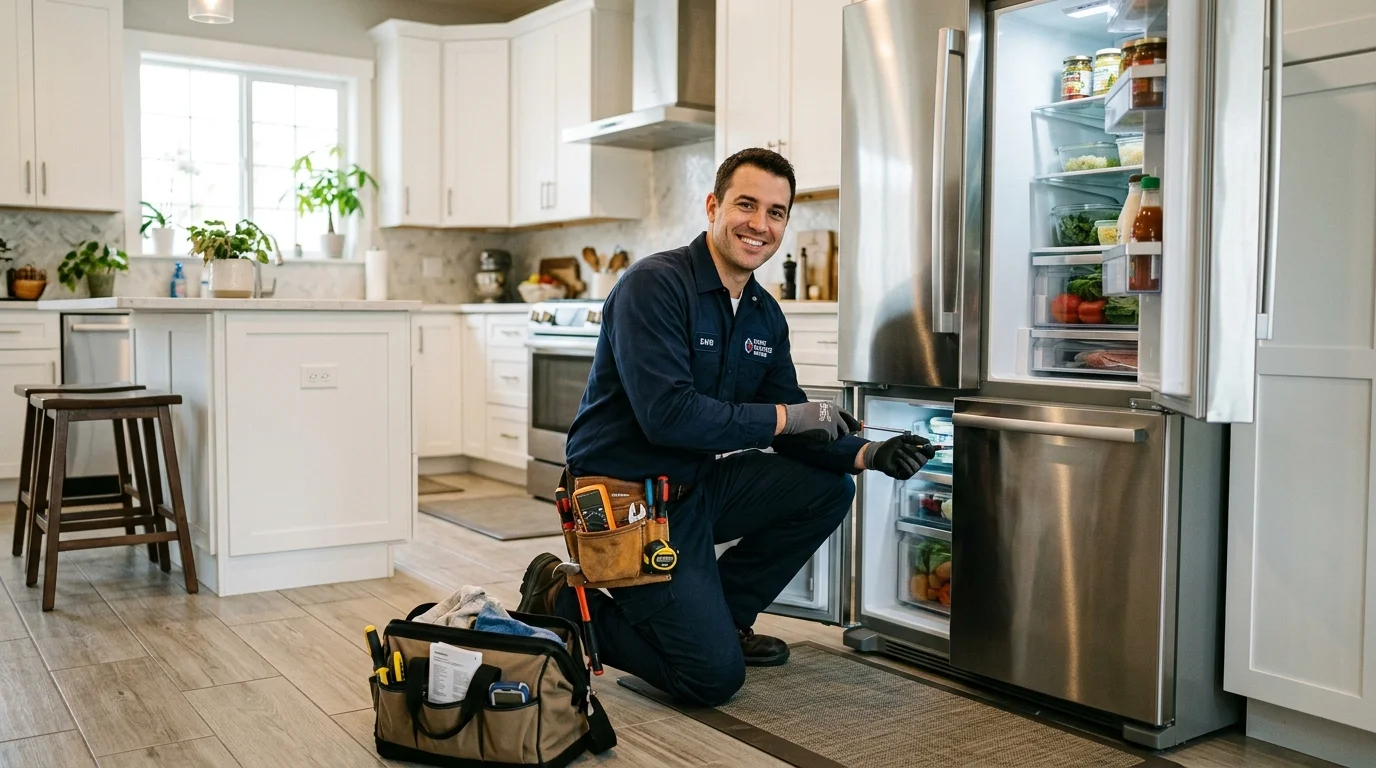 Técnico especialista de Servicio Técnico Xpress reparando refrigerador